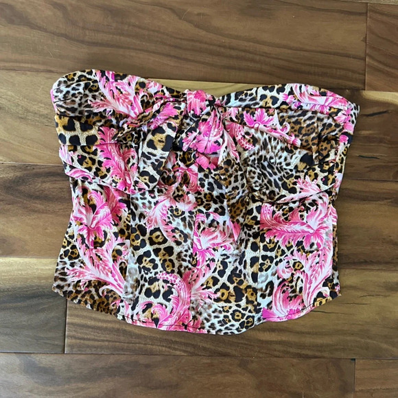 New York & Company Pink Floral Leopard Print Zip-Up Crop Top size Small - Picture 1 of 3